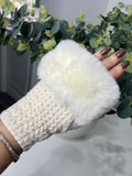 Fingerless knitted plait gloves with faux fur trim-Beige