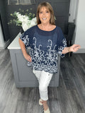 Fern paisley embroidered top-Navy