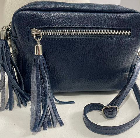 Navy Blue double tassel genuine Italian leather camera bag