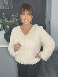 V neck sparkle fringe sweater-Cream
