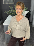 Fluffy bow front jumper-fawn