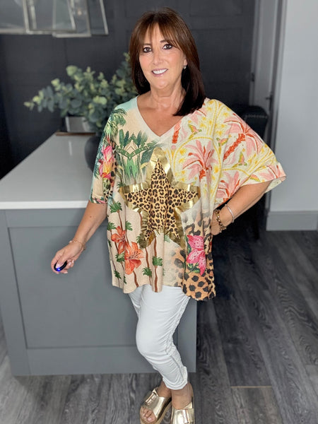 Gold leopard star botanical fine knit sweater