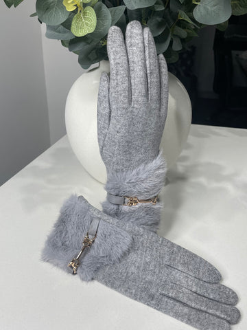 Gold chain fur trimmed gloves-Grey