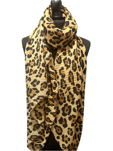 Camel pleated leopard print scarf