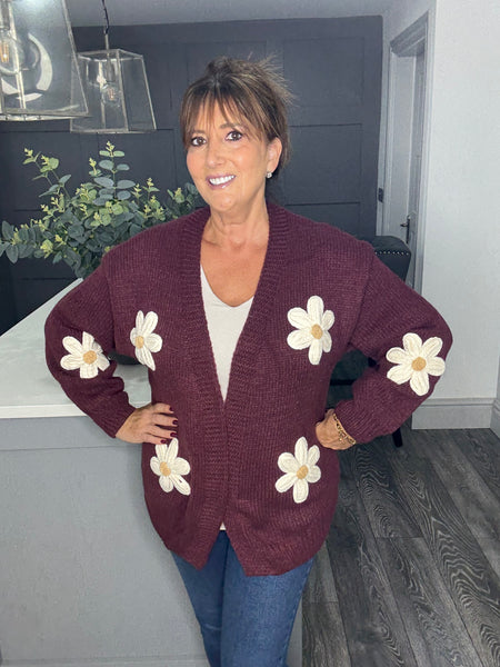 Daisy chunky knit cardigan-Merlot