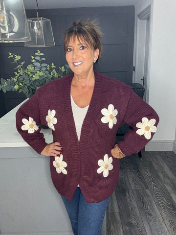 Daisy chunky knit cardigan-Merlot