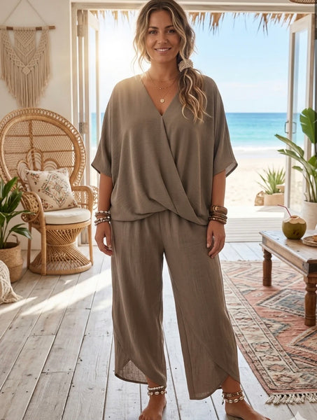Relax fit wrap front top-Mocha