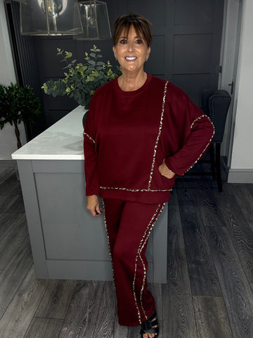 Scuba leopard trim 2 piece-Merlot