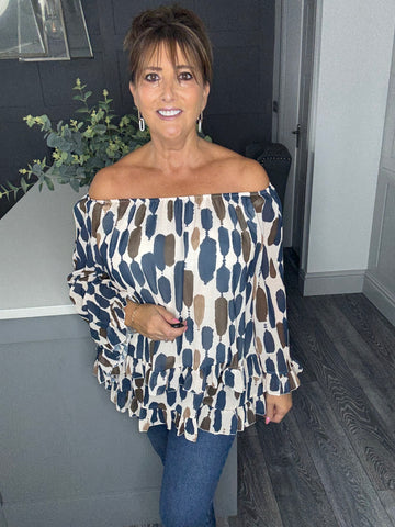 Abstract print frilled layered Bardot top -Blue multi