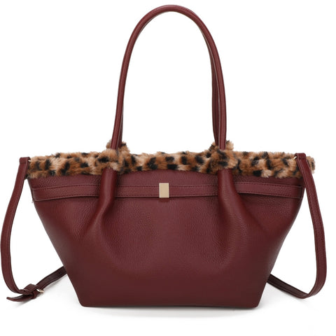 Shoulder bag with leopard trim-Burgundy