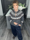 Fair Isle zip neck soft knit jumper-Grey