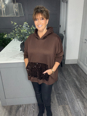 Sloane soft scuba sequin hoody-Chocolate