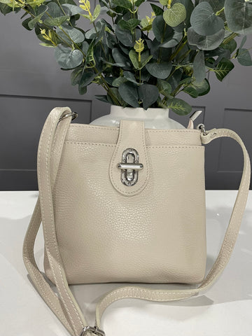 Beige Italian soft leather crossbody bag with twist lock