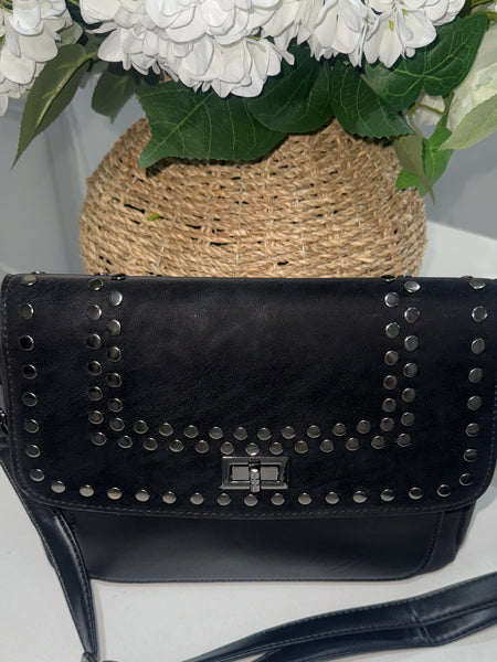 Faux suede studded crossbody bag-Black
