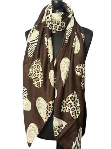 Leopard multi heart scarf-Chocolate
