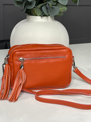 Orange double tassel genuine Italian leather bag