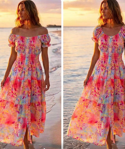 Coral/fuchsia abstract animal print tiered Maxi dress