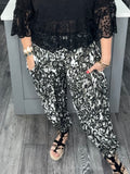 Shirred waist balloon leg leopard pants-Khaki