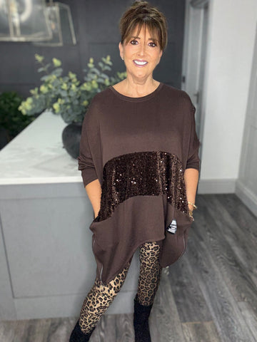 Isla double zip sequin sweat-Chocolate