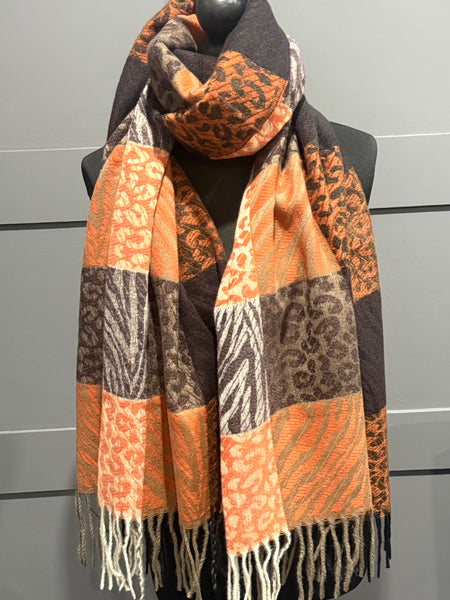 Wool blend checkered animal print scarf-Chocolate/Orange