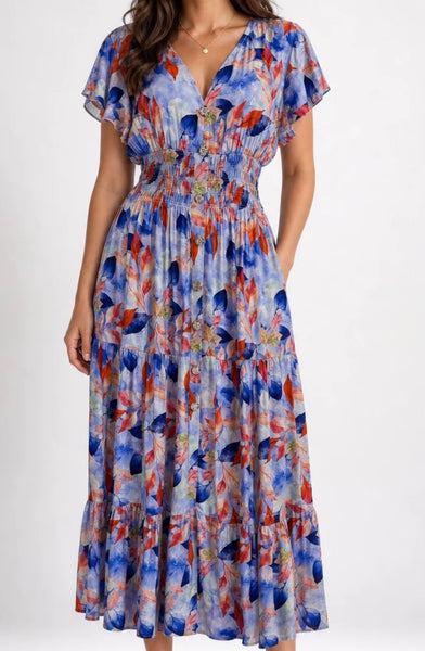 Blue multi leaf tiered Maxi dress