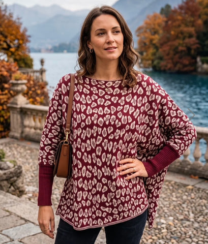 Berry soft Italian slouch fit leopard knit jumper