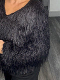 V neck sparkle fringe sweater-Bkack