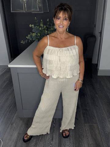 Sienna textured wide leg jumpsuit-Beige