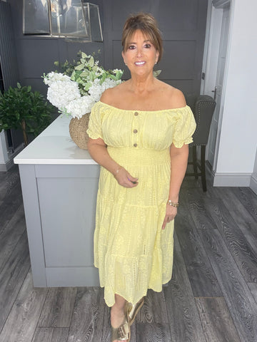 Yellow broidery anglaise Bardot midi dress
