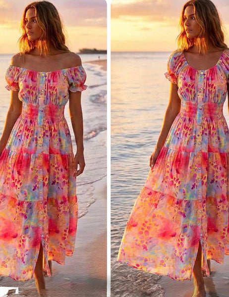 Coral/fuchsia abstract animal print tiered Maxi dress
