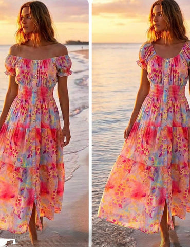 Coral/fuchsia abstract animal print tiered Maxi dress