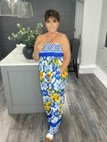 Portofino lemon tile print bandeau pocket jumpsuit-Royal blue