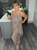 Wrap balloon leg jumpsuit -Animal print