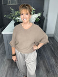 Soft knit frill sleeve sweater-Taupe