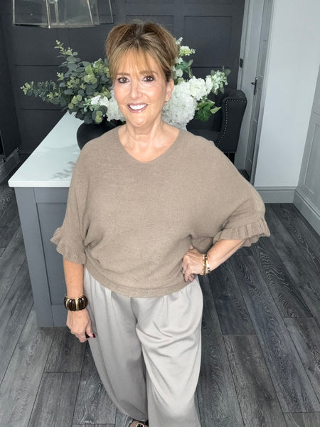 Soft knit frill sleeve sweater-Taupe