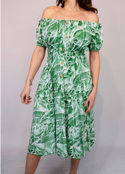 Green leaf print  midi pocket dress