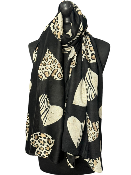 Leopard multi heart scarf-Black