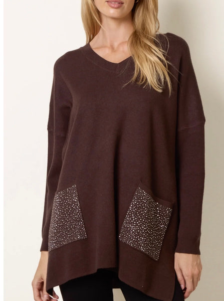 Italian embellished Diamante pocket sweater-Chocolate