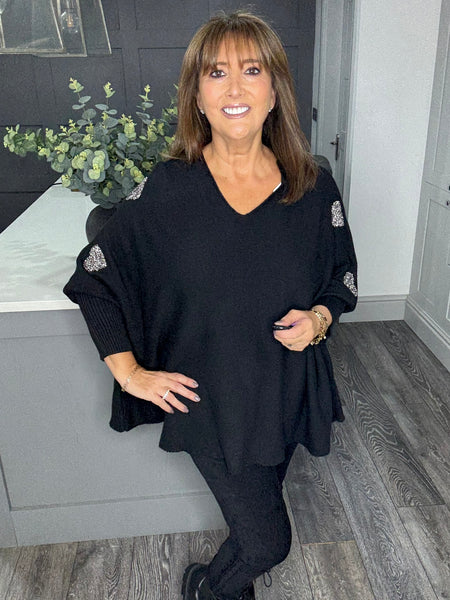 Black double heart V neck sweater