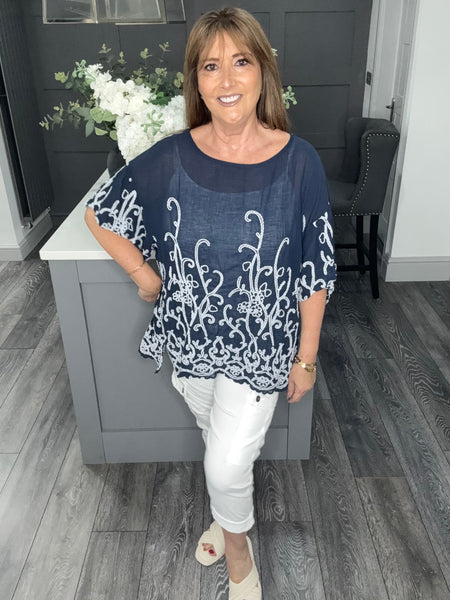 Fern paisley embroidered top-Navy