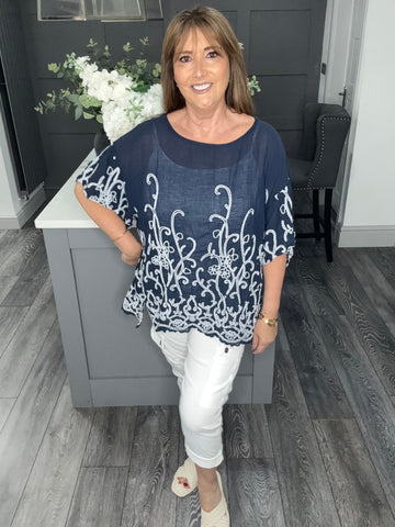 Fern paisley embroidered top-Navy