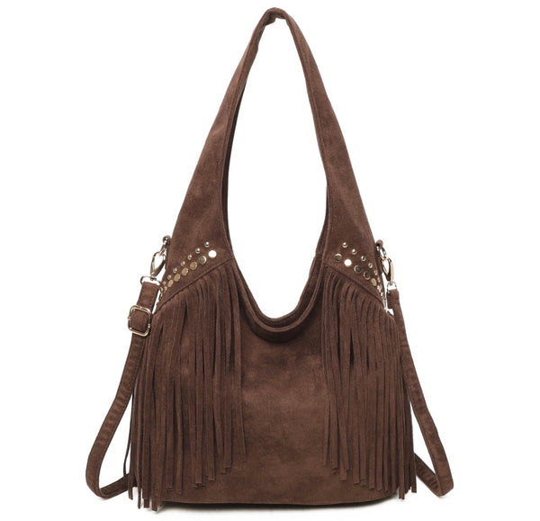 Faux suede tassel Hobo bag-Chocolate