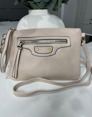 Wristlet clutch bag with crossbody strap-Beige