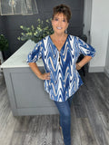 Zip V neck wave top-Blue