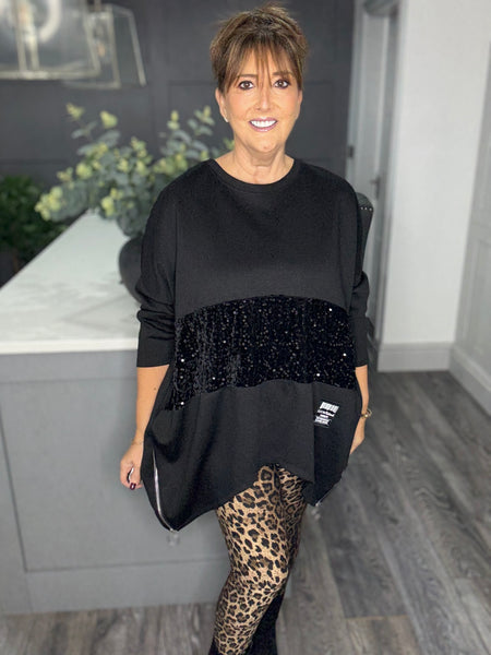 Isla double zip sequin sweat-Black