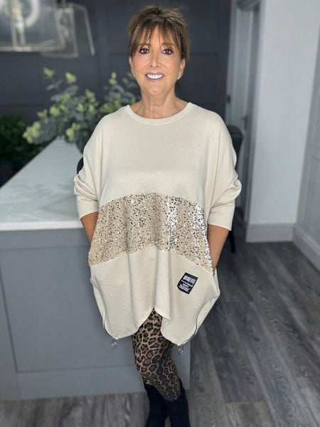 Isla double zip sequin sweat-Beige