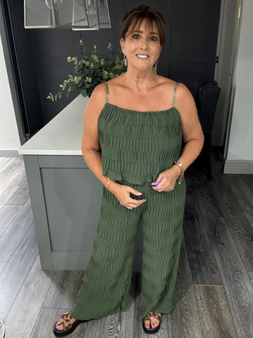 Sienna textured wide leg jumpsuit-Khaki