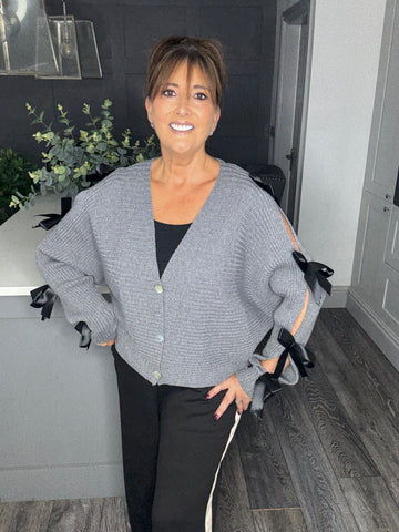 Bella bow ribbed cardigan-Grey
