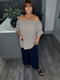 Rachel ruched sleeve Bardot top-Mocha