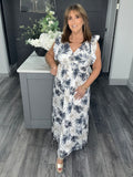 Fern print cross over V neck maxi-Navy